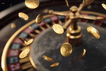 Um homem comemorando uma vitória em seu laptop enquanto símbolos de jogos flutuam ao redor, capturando a emoção dos jogos BB22.